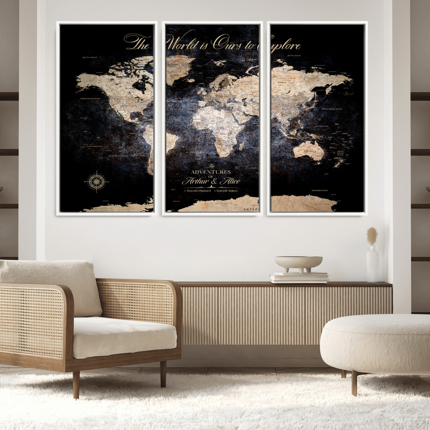 21010471-MGV-FC-60X40-3P_White-Customize Push Pin World Map Wall Canvas Print, Personalized Travel Tracker with Pins, Framed Large Canvas for Home Office Decor - H37