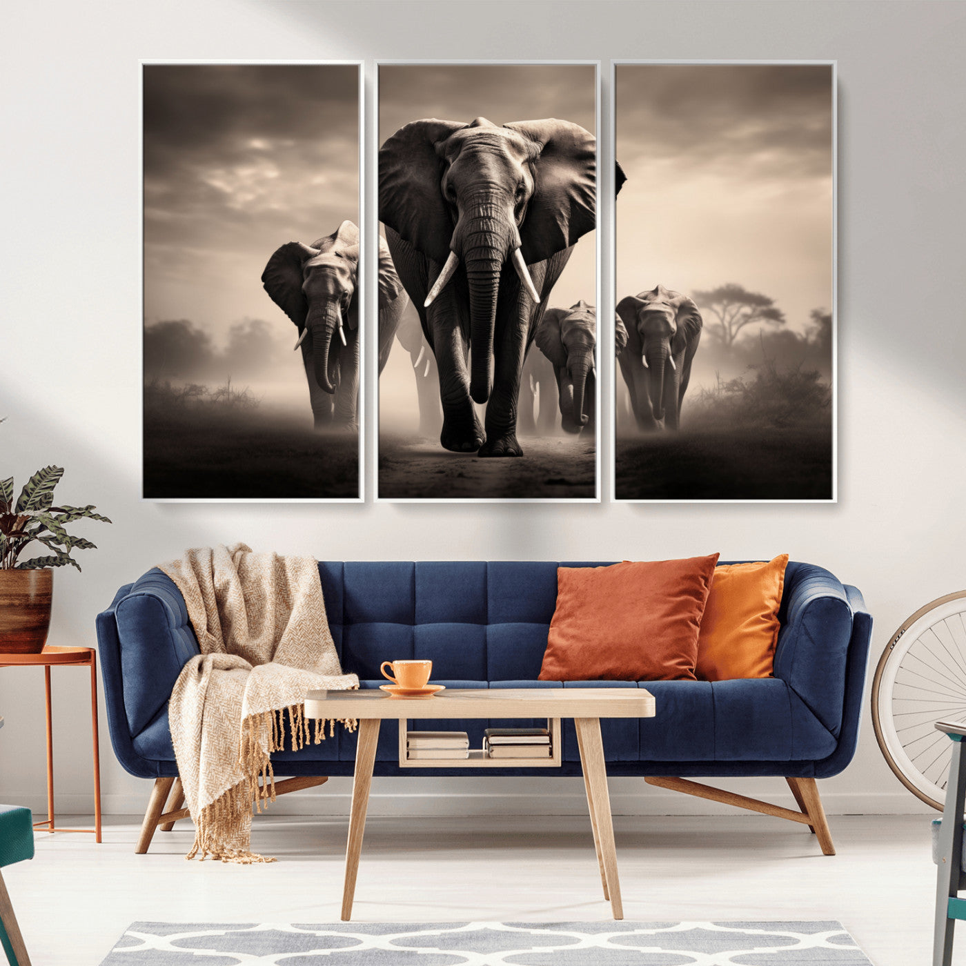 48598F10-MGV-FC-60X40-3P_White-Elephant Family Wall Art Canvas Print, Framed Elephant Wall Art Home Decor