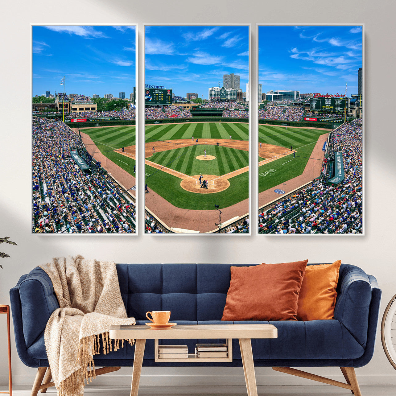 35800083-MGV-FC-48X32-3P - Wrigley Field Baseball Stadium Canvas Wall Art – Packed Crowd Sports Stadium City Skyline Artwork for Home Office