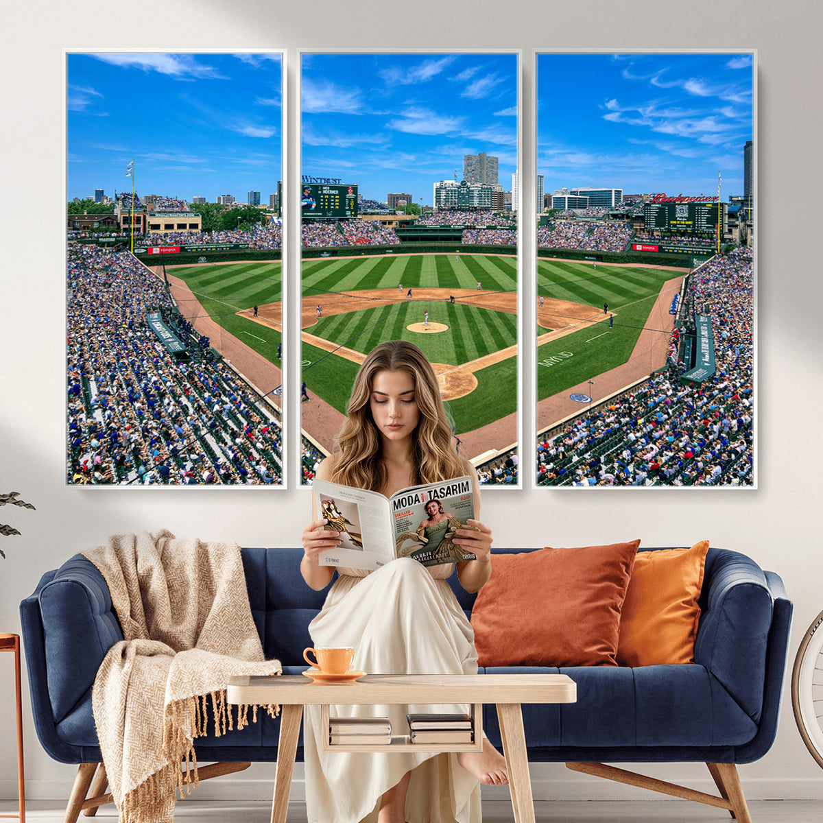35800083-MGV-CV-36X24 - Wrigley Field Baseball Stadium Canvas Wall Art – Packed Crowd Sports Stadium City Skyline Artwork for Home Office