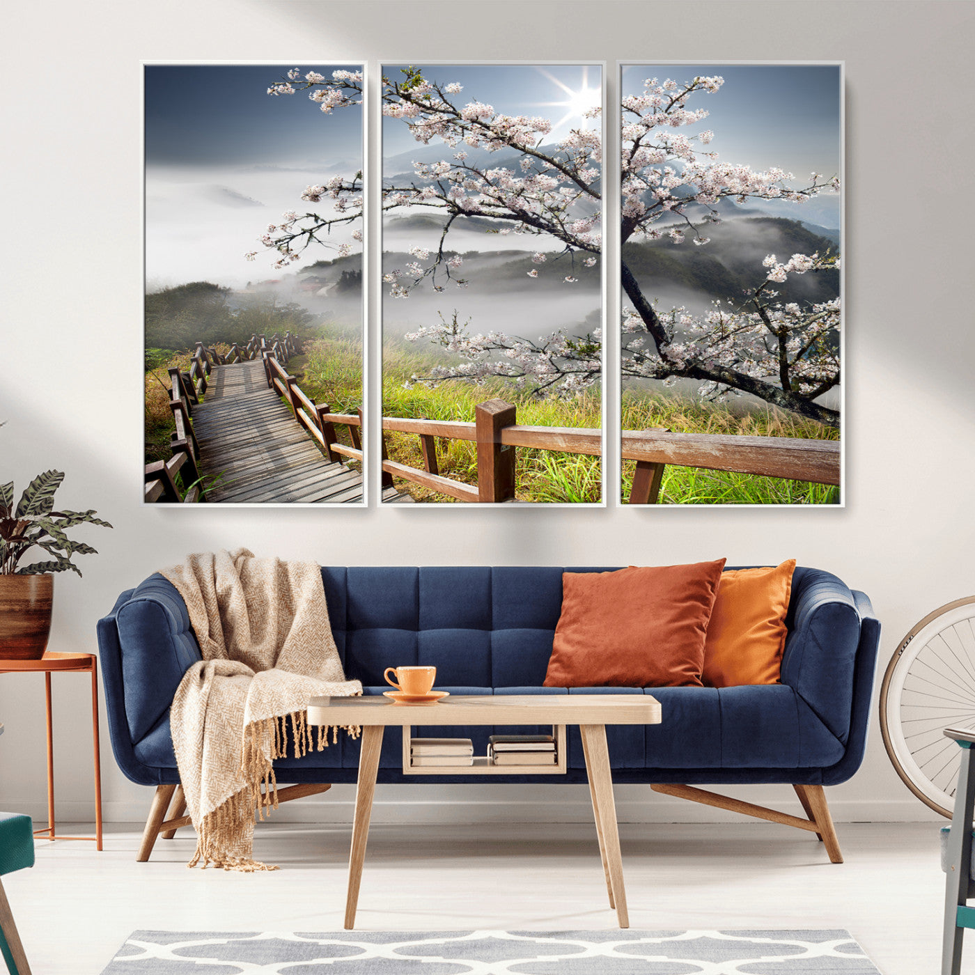 34632598CRY-MGV-FC-60X40-3P_White-Sakura Cherry Blossom Pathway Canvas Wall Art – Tranquil Walk Through Blossoming Nature – Ready to Hang