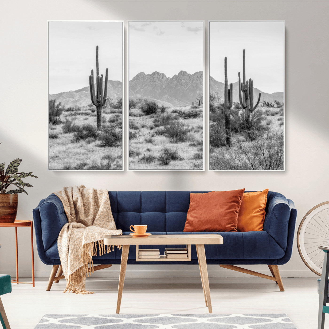 97436PHN-MGV-FC-60X40-3P_White-Black White Arizona Desert Canvas Wall Art Cactus Farmhouse Wall Art