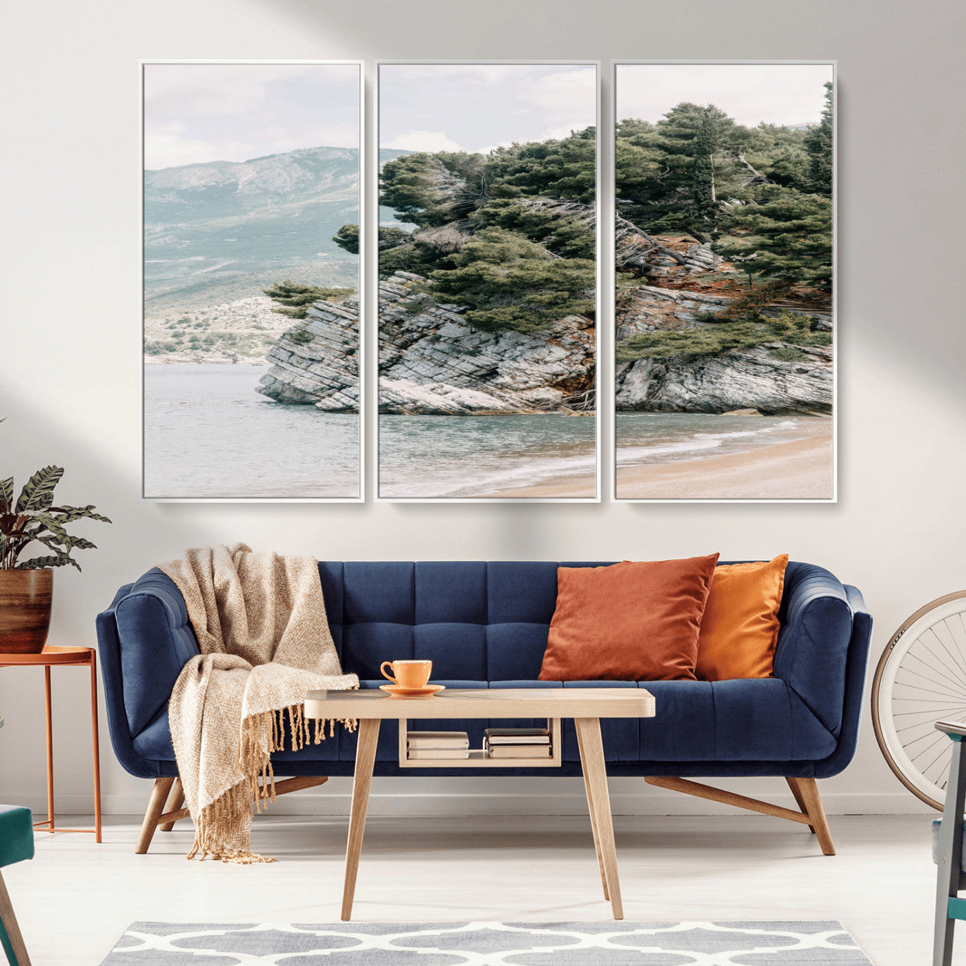 MGV-FC-48X32-3P - Coastal Rock Canvas Wall Art Print, Scenic Beach Landscape, Pine Trees on Rocky Cliff, Large Nature