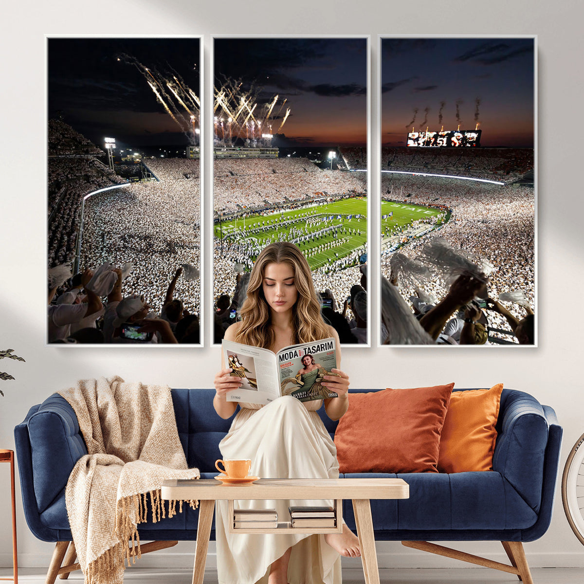 11221988-MGV-CV-36X24 - Epic Night Football Stadium Wall Art Canvas Print, Fireworks and Crowd