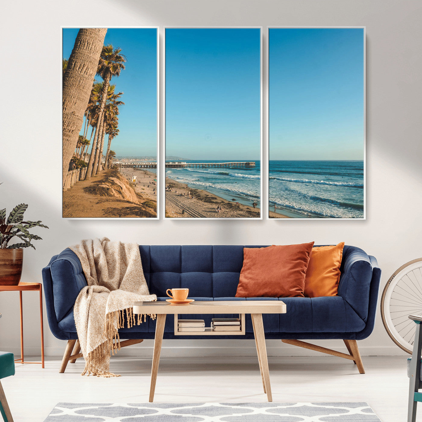 MGV-FC-48X32-3P - Scenic Beach with Tall Palm Trees, Sandy Shore, and Long Pier Stretching into the Calm Ocean Under