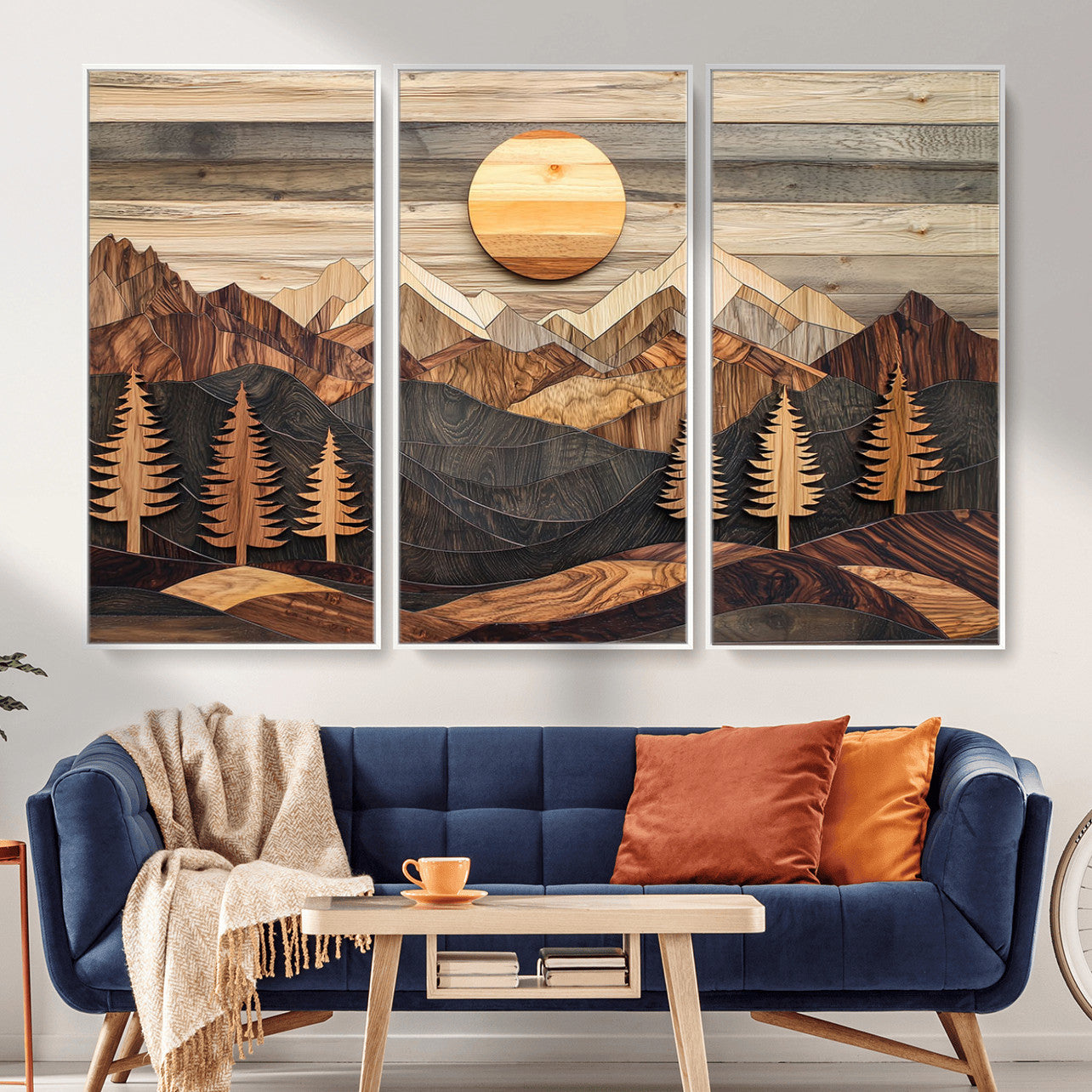 19832326-MGV-FC-48X32-3P - Wooden Mountain Landscape Layered Texture Geometric Shapes Sun Pine Trees Rustic Natural Tones Art