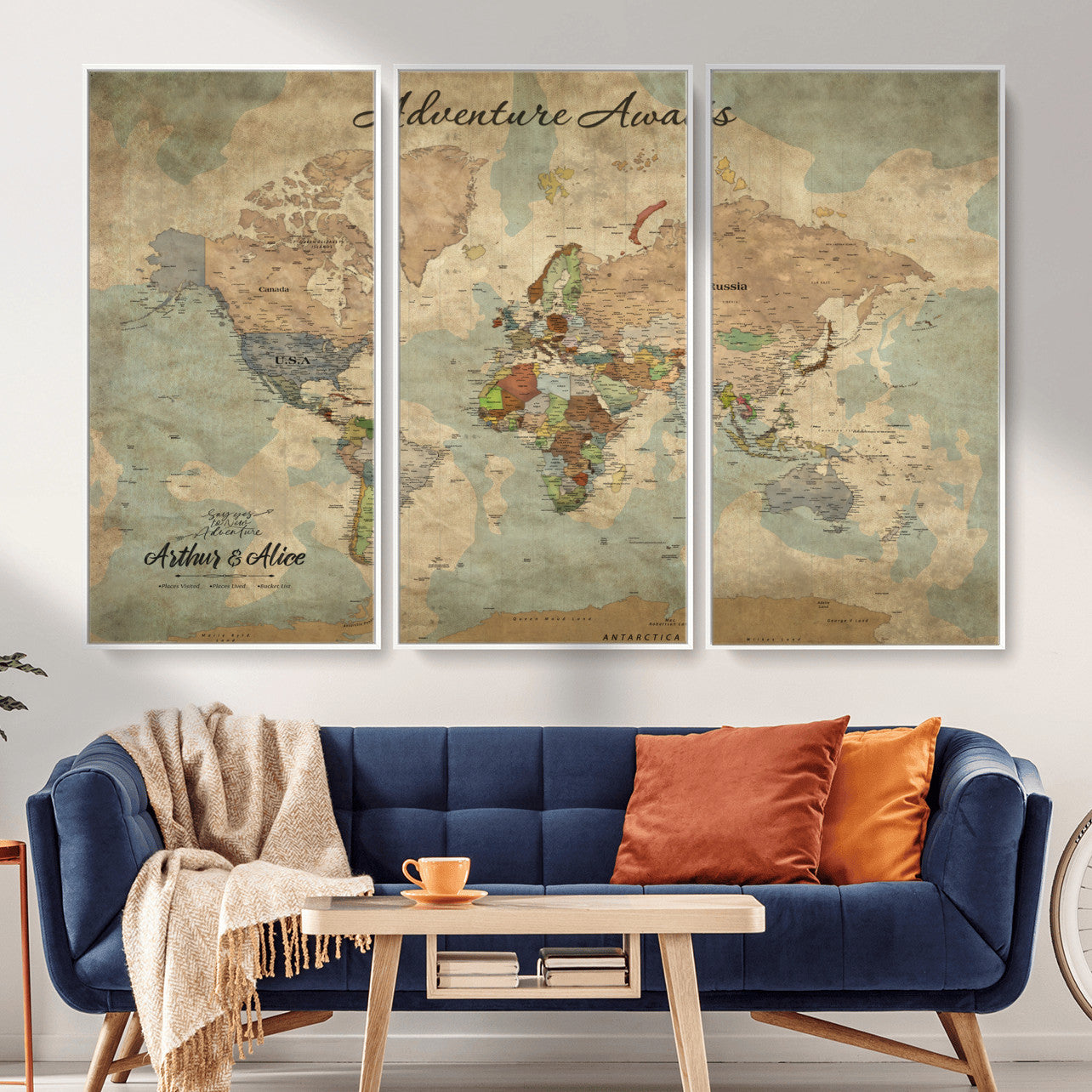 MGV-FC-48X32-3P - Personalized World Map Wall Art Canvas Print – Custom Push Pin Travel Map for Couples, Families, or Office Décor
