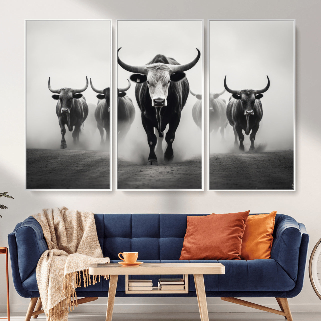 N34534C-MGV-FC-48X32-3P - Texas Bighorn Cow Hern Wall Art Canvas Print, Longhorn Cow Large Wall Art