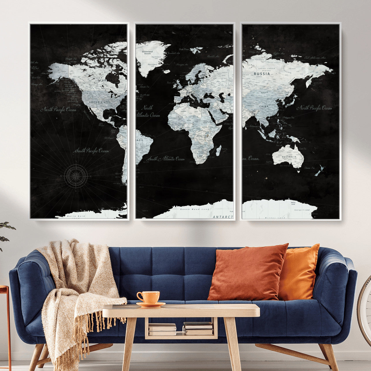 30759283-MGV-FC-48X32-3P - World Map Wall Art Canvas Print, Modern Decorative Framed Map Artwork Prints for Living Room, Office, Bedroom Wall Decor