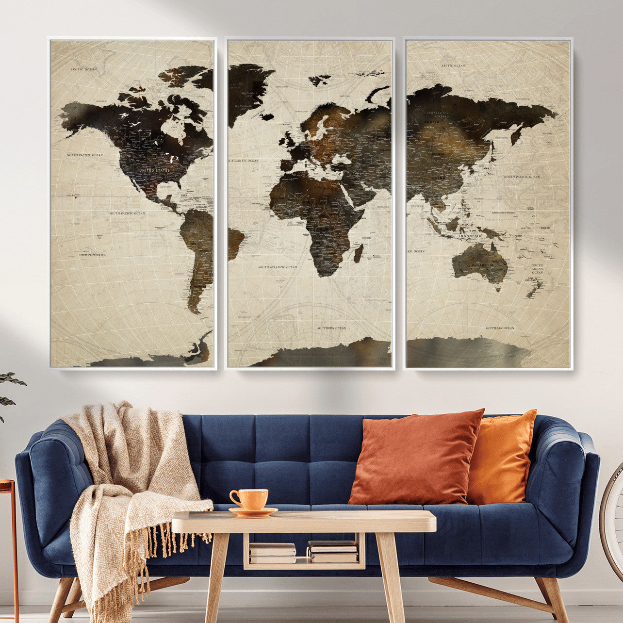 81771296-MGV-FC-48X32-3P - World Map Wall Art Canvas Print, Modern Decorative Framed Map Artwork Prints for Living Room, Office, Bedroom Wall Decor