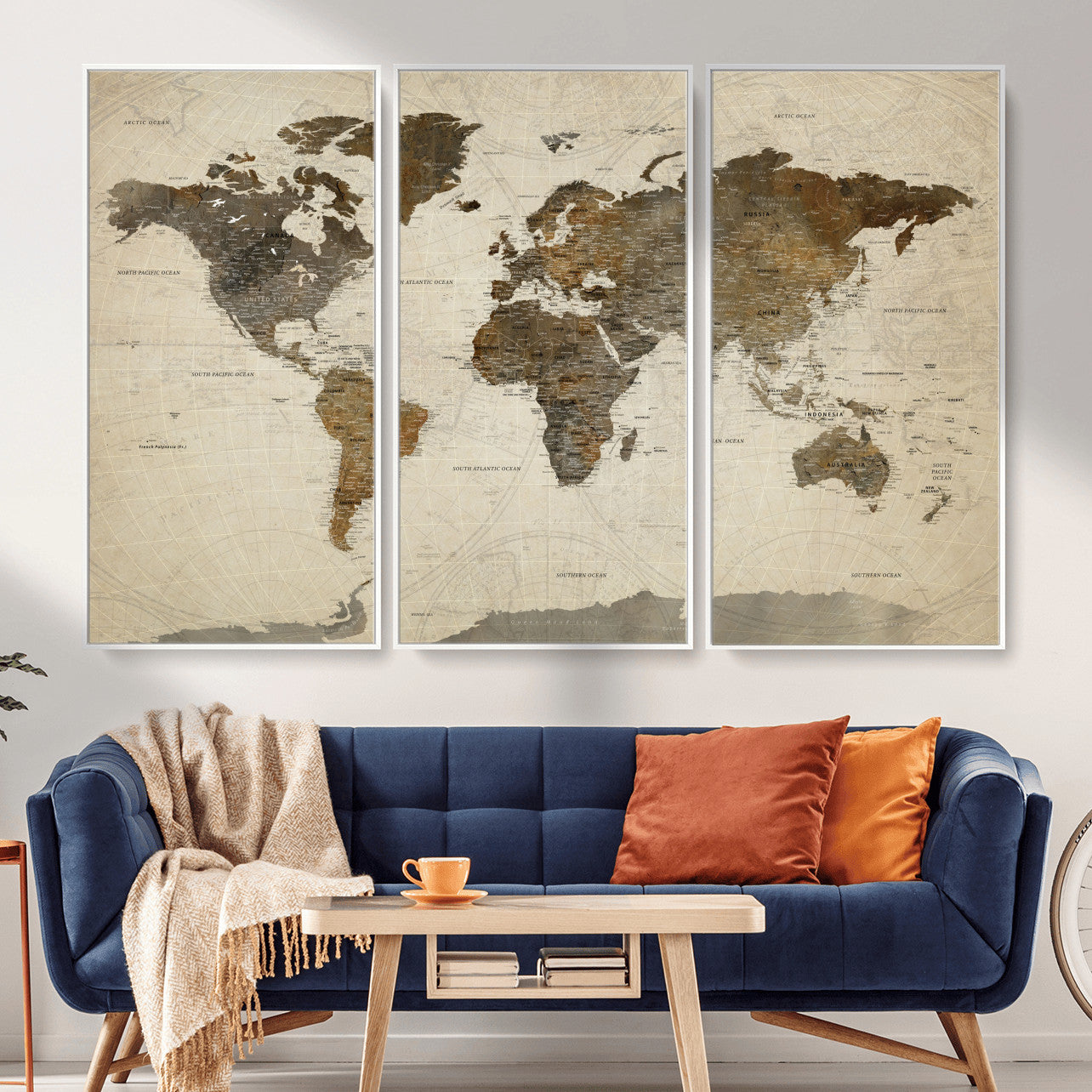 91849163-MGV-FC-48X32-3P - World Map Wall Art Canvas Print, Modern Decorative Framed Map Artwork Prints for Living Room, Office, Bedroom Wall Decor