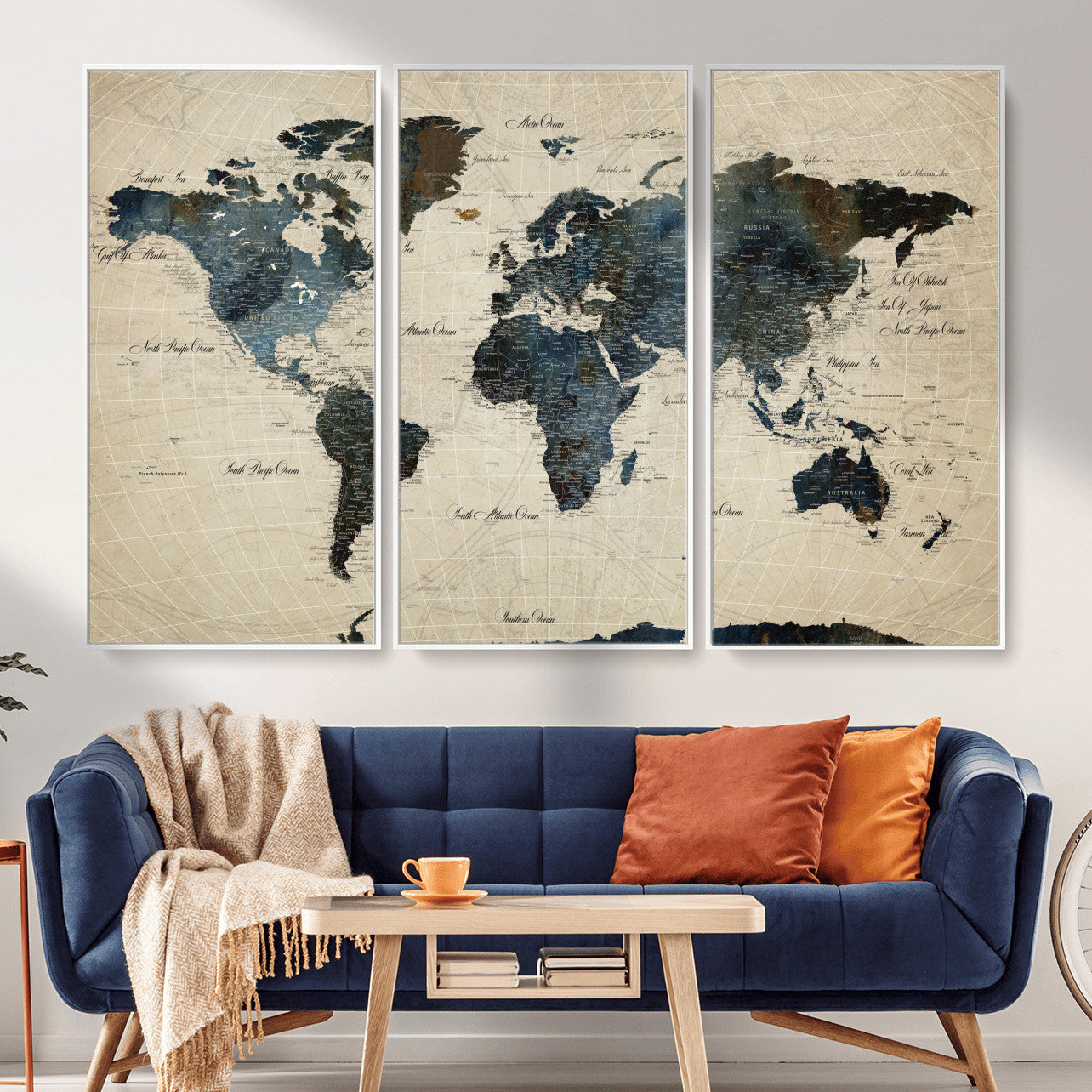 33438443-MGV-FC-48X32-3P - World Map Wall Art Canvas Print, Modern Decorative Framed Map Artwork Prints for Living Room, Office, Bedroom Wall Decor