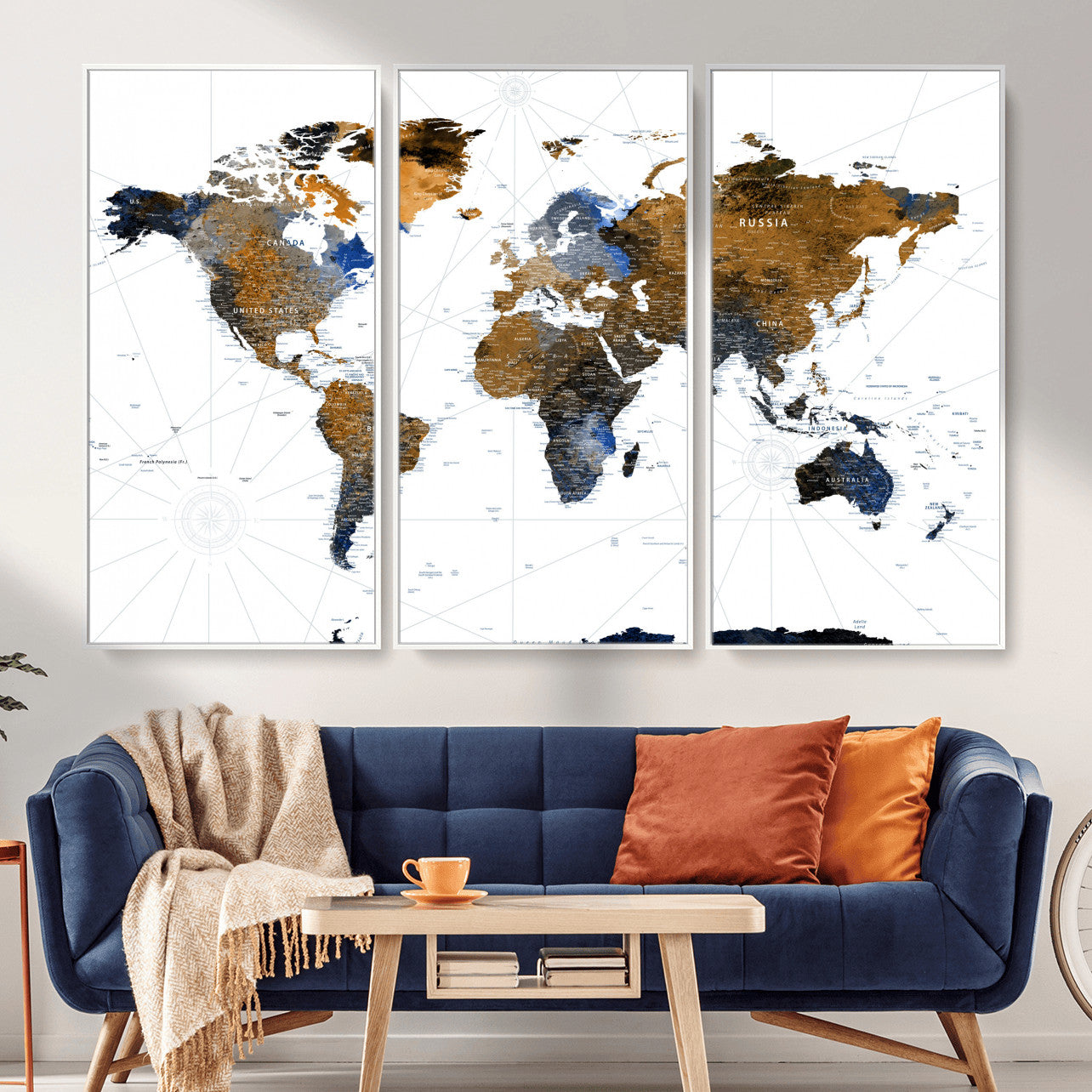 40862517-MGV-FC-48X32-3P - World Map Wall Art Canvas Print, Modern Decorative Framed Map Artwork Prints for Living Room, Office, Bedroom Wall Decor