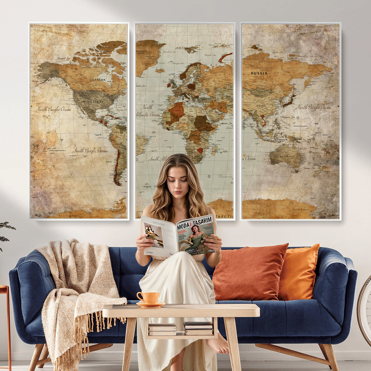 74176056-MGV-CV-36X24 - World Map Wall Art Canvas Print, Modern Decorative Framed Map Artwork Prints for Living Room, Office, Bedroom Wall Decor