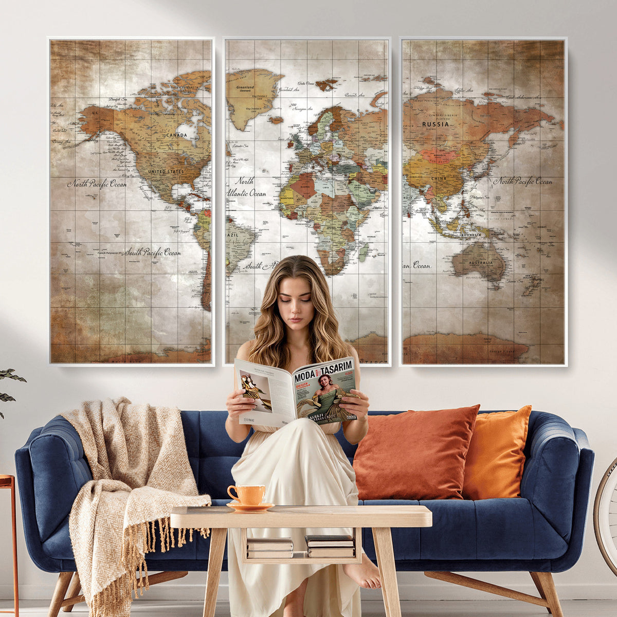 51643807-MGV-CV-36X24 - World Map Wall Art Canvas Print, Modern Decorative Framed Map Artwork Prints for Living Room, Office, Bedroom Wall Decor
