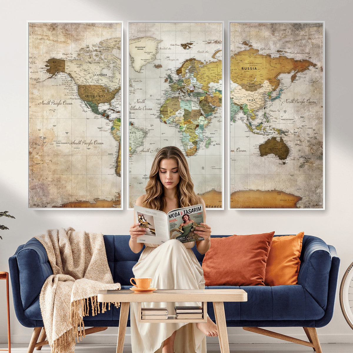 86108417-MGV-CV-36X24 - World Map Wall Art Canvas Print, Modern Decorative Framed Map Artwork Prints for Living Room, Office, Bedroom Wall Decor