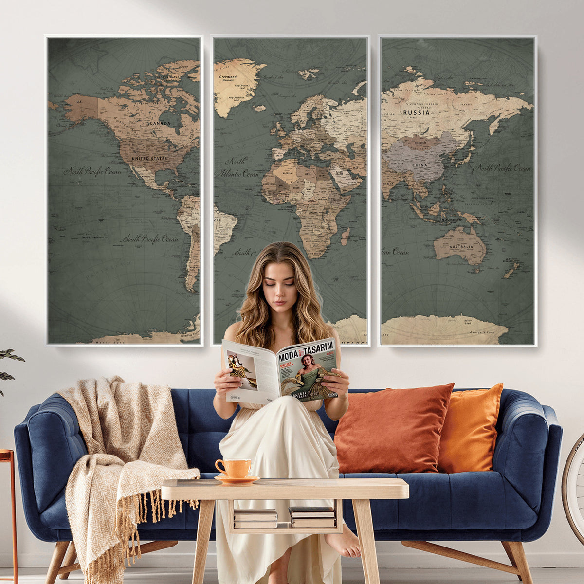 84619399-MGV-CV-36X24 - World Map Wall Art Canvas Print, Modern Decorative Framed Map Artwork Prints for Living Room, Office, Bedroom Wall Decor