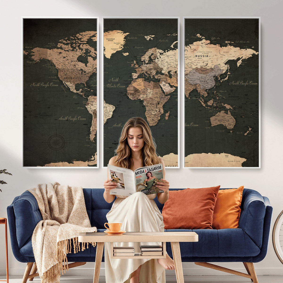 62059333-MGV-CV-36X24 - World Map Wall Art Canvas Print, Modern Decorative Framed Map Artwork Prints for Living Room, Office, Bedroom Wall Decor