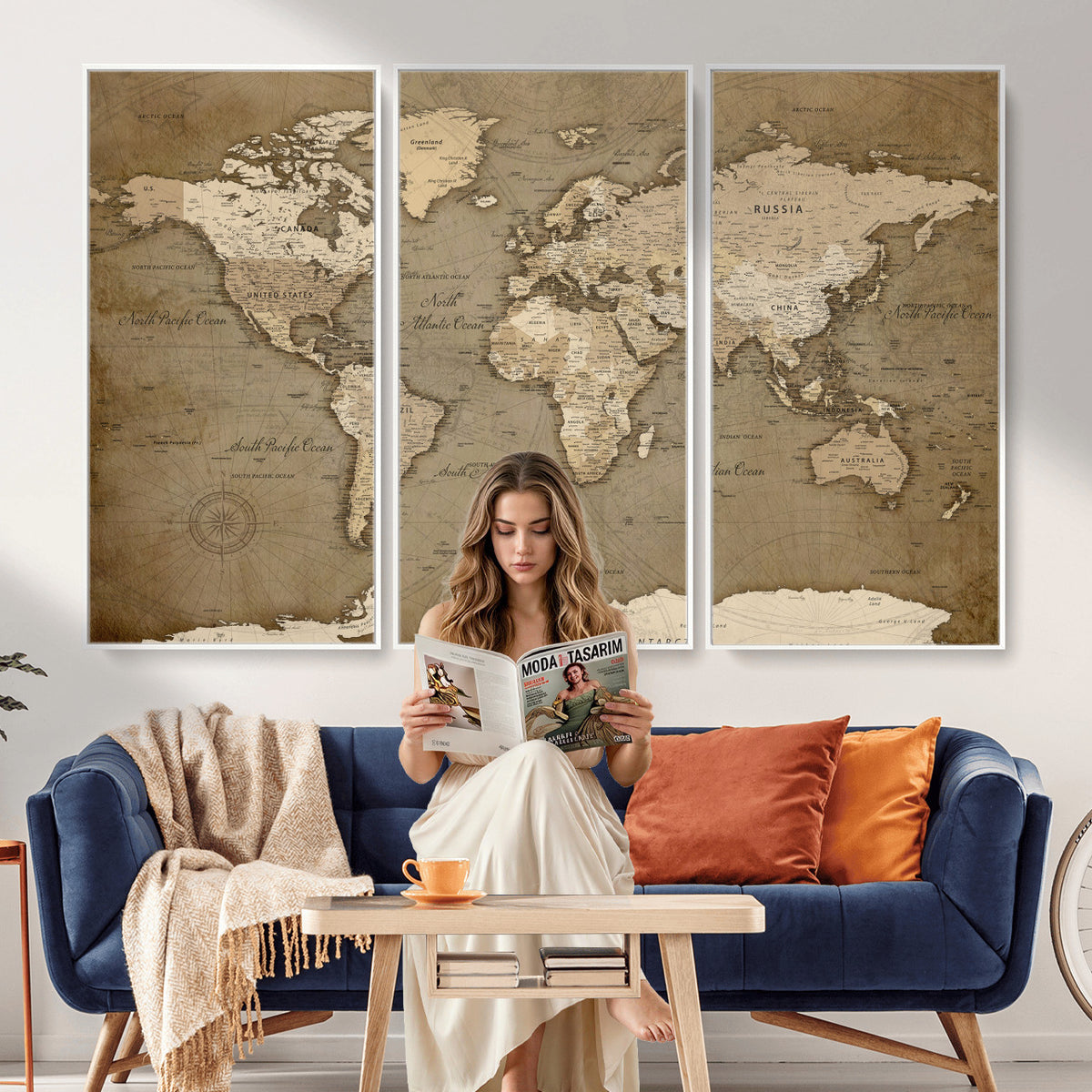 82314635-MGV-CV-36X24 - World Map Wall Art Canvas Print, Modern Decorative Framed Map Artwork Prints for Living Room, Office, Bedroom Wall Decor