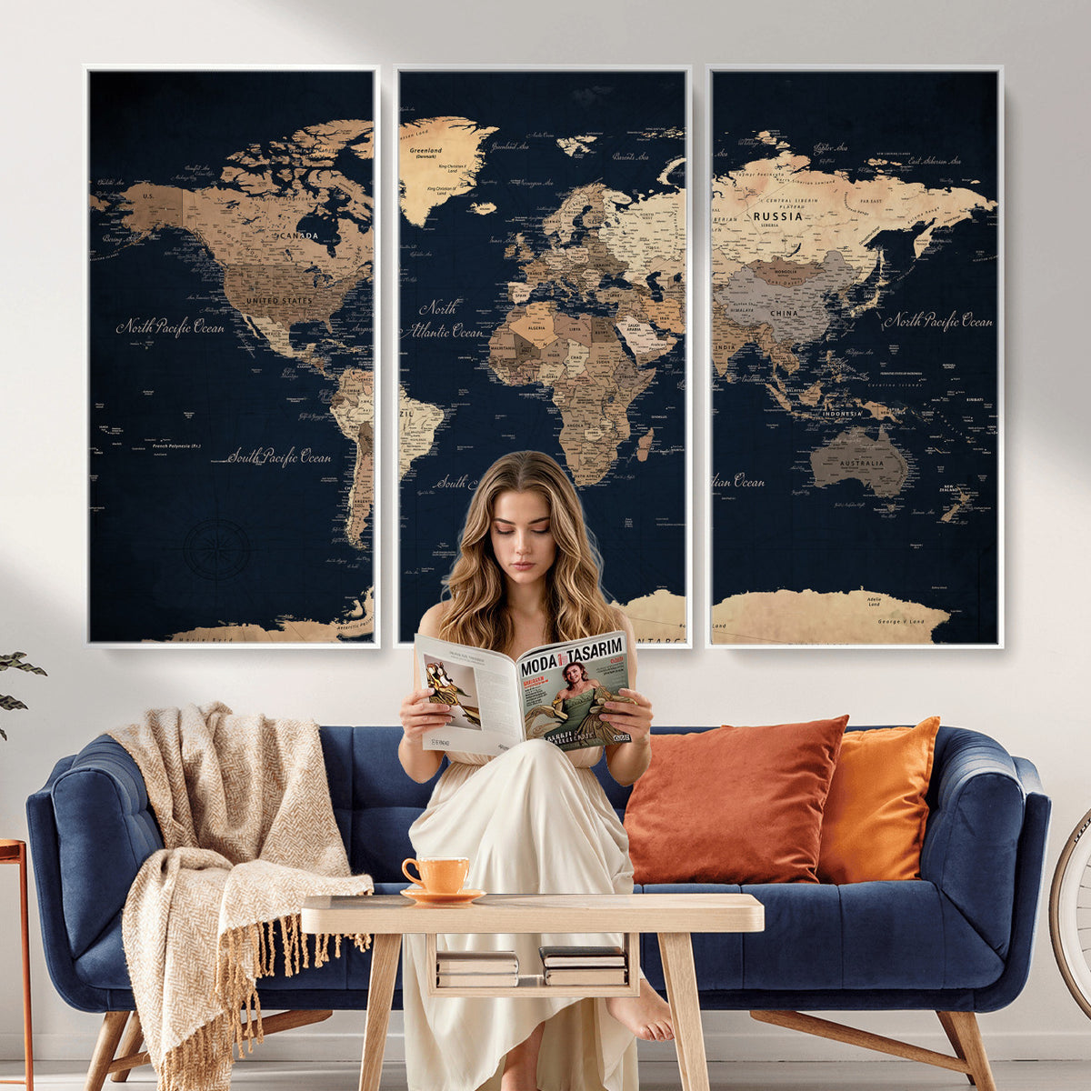 53971530-MGV-CV-36X24 - World Map Wall Art Canvas Print, Modern Decorative Framed Map Artwork Prints for Living Room, Office, Bedroom Wall Decor