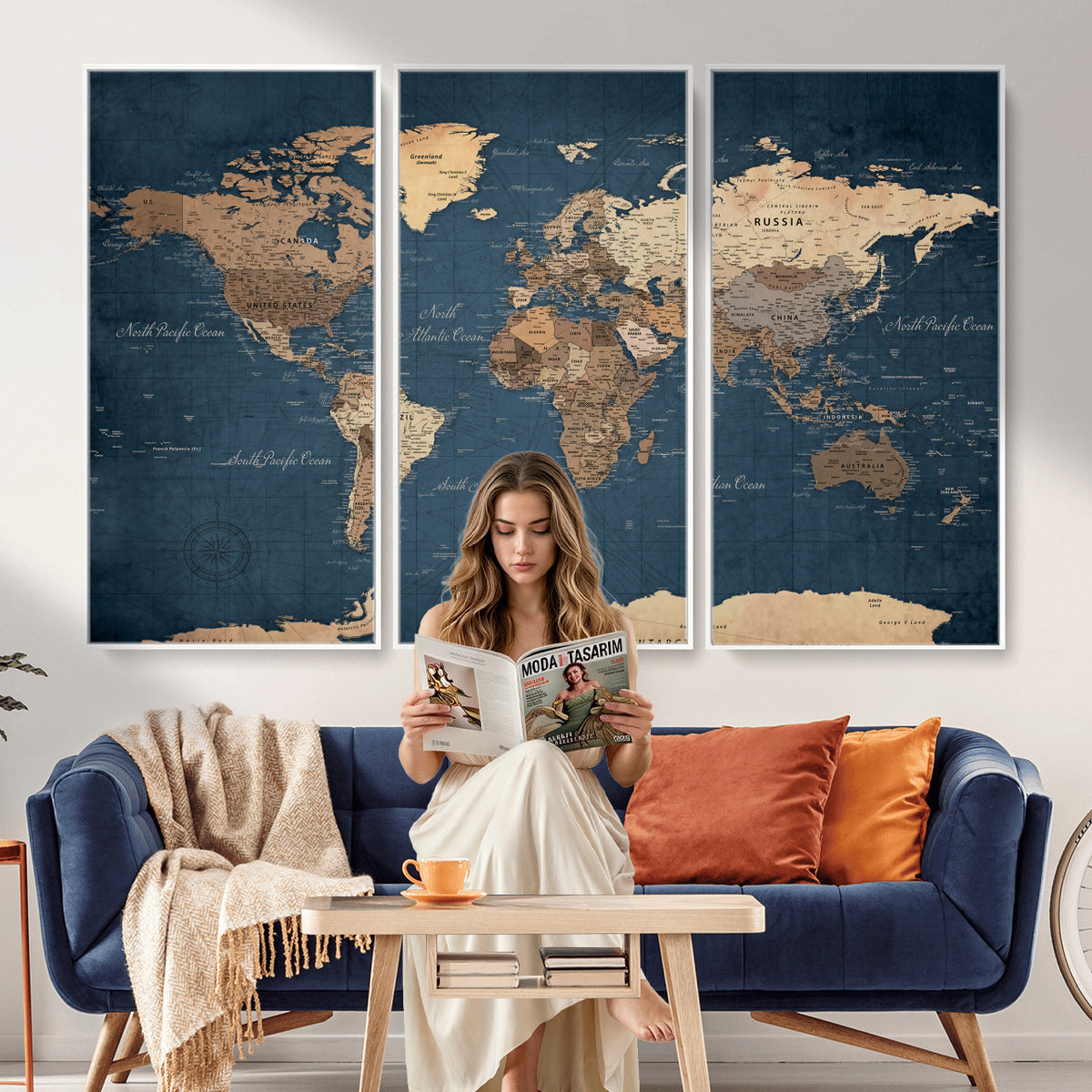 69886352-MGV-CV-36X24 - World Map Wall Art Canvas Print, Modern Decorative Framed Map Artwork Prints for Living Room, Office, Bedroom Wall Decor