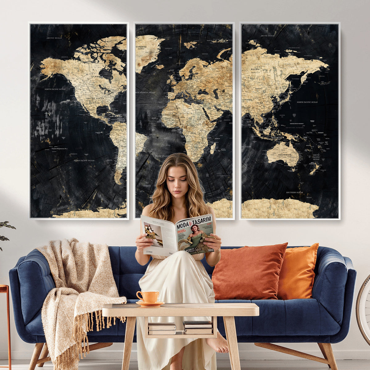 45535041-MGV-CV-36X24 - Framed Large World Map Wall Art Canvas Print for Living Room