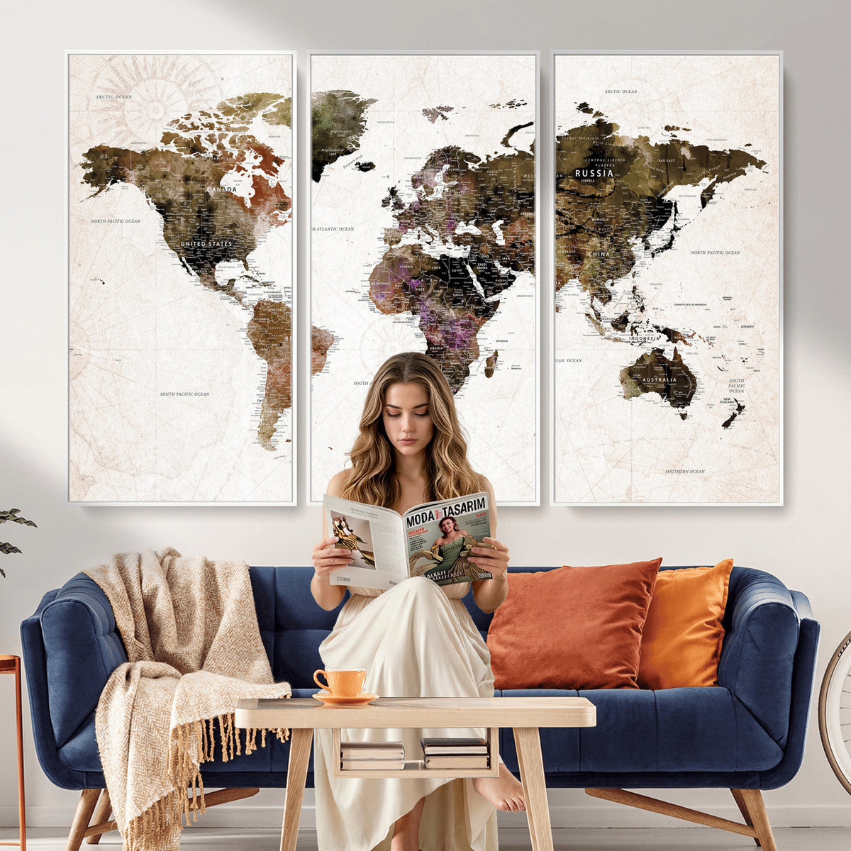 77651968-MGV-CV-36X24 - Watercolor World Map Print - Large Wall Art Canvas Print for