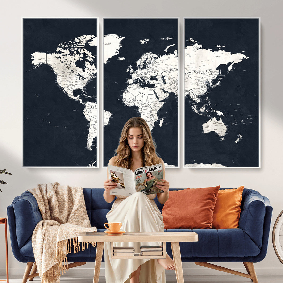 11963807-MGV-CV-36X24 - Black World Map Wall Art Canvas Print for Home Office and Meeting Room Decor
