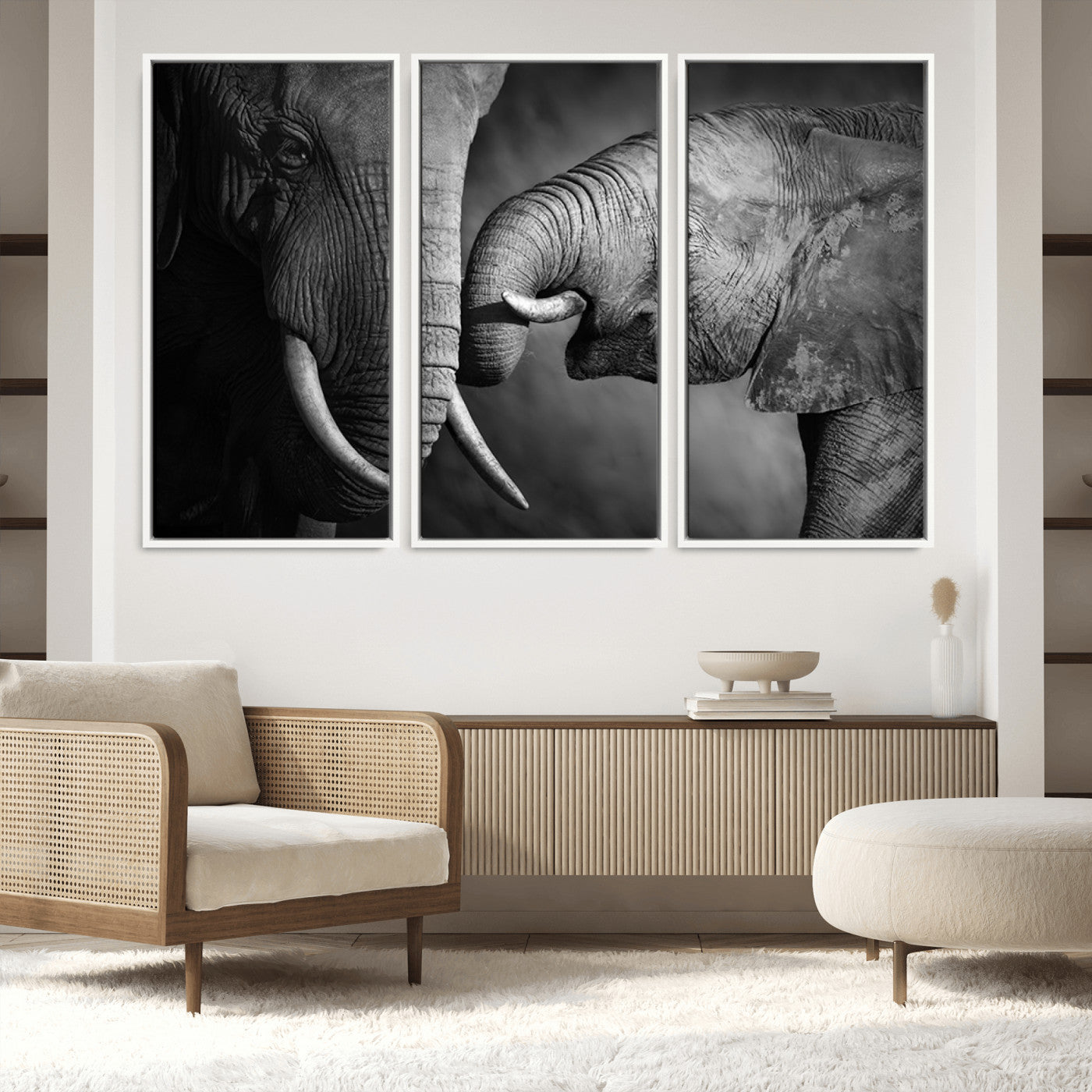 42691-MGV-FC-48X32-3P_White-Elephant Family Wall Art Canvas, Framed Elephant Family Canvas Print