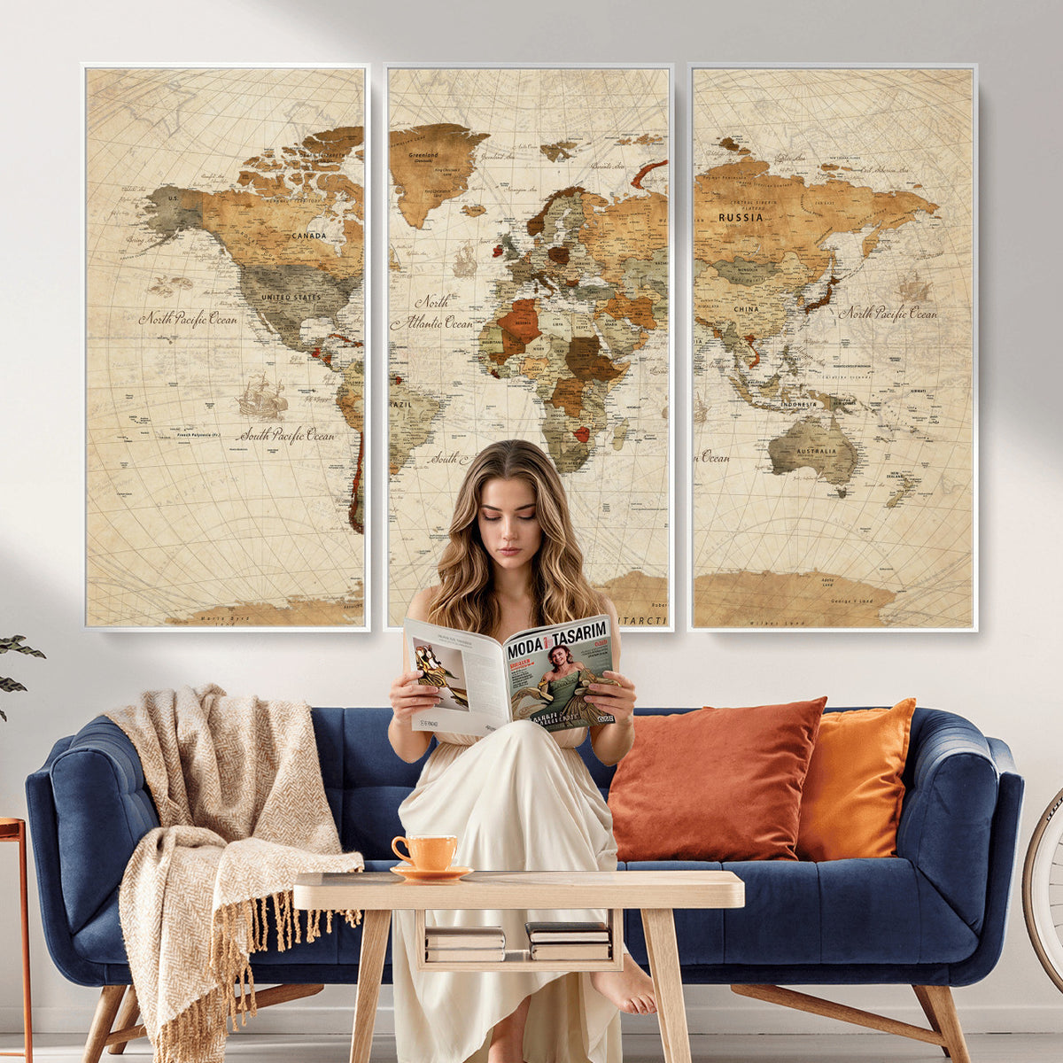 29684537-MGV-CV-36X24 - Vintage World Map Canvas Print, Framed Rustic Detailed Map of the World, Explorer Decor
