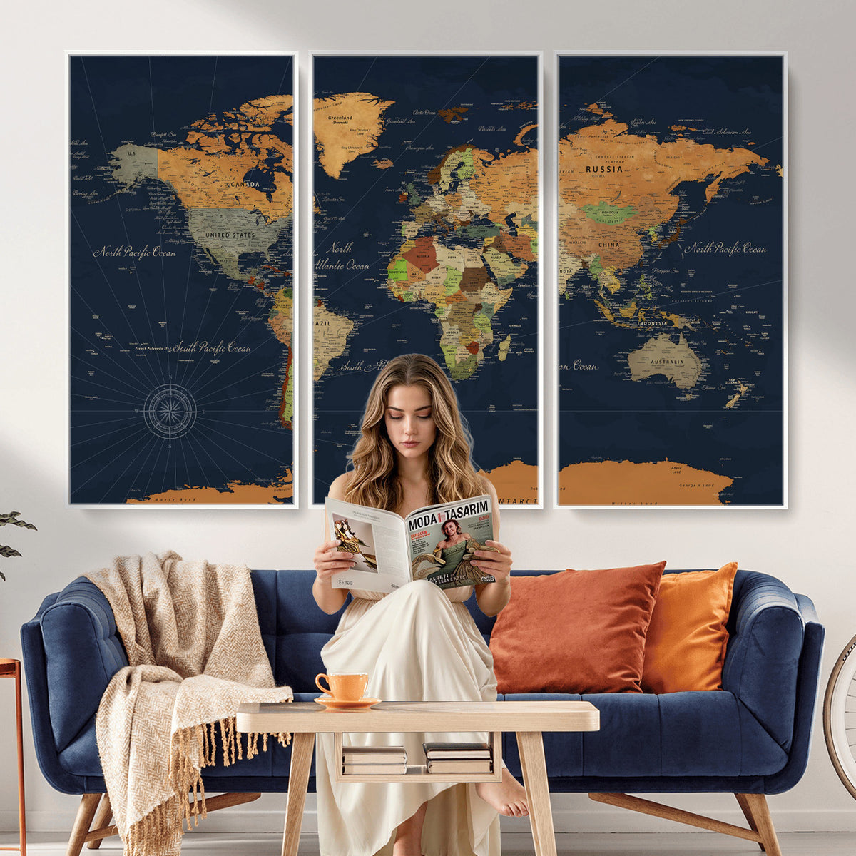 11715182-MGV-CV-36X24 - Modern World Map Canvas Print, Framed Detailed Map of the World Wall Art