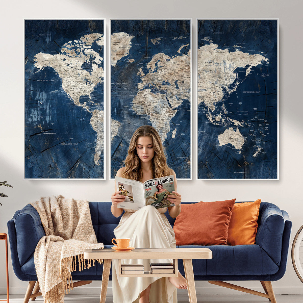 56126010-MGV-CV-36X24 - Large Blue World Map Wall Art Canvas Print for Home Office