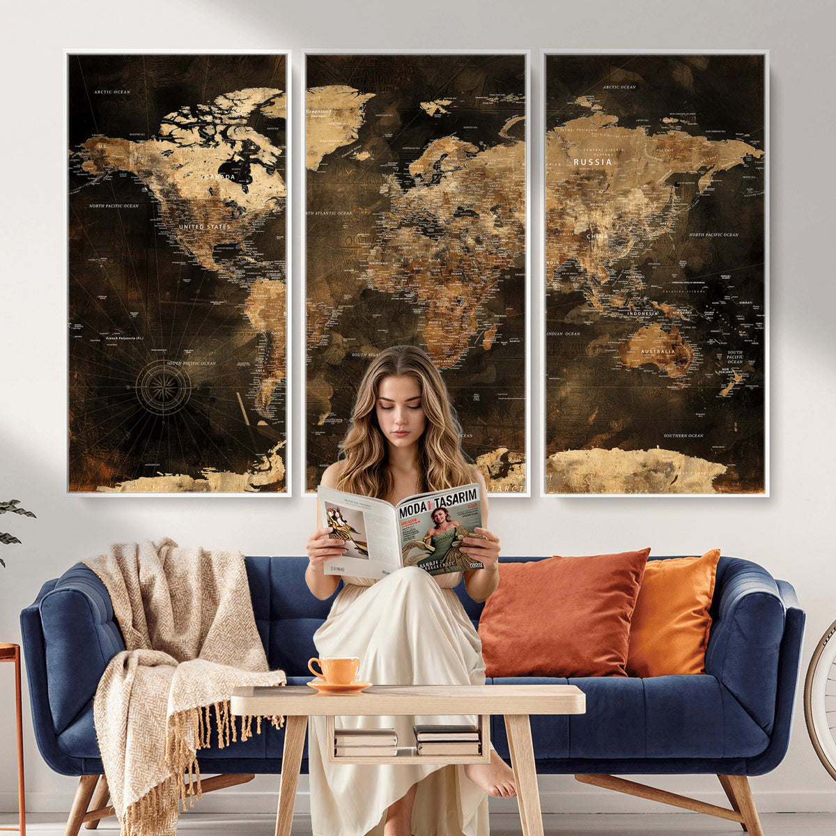 97742922-MGV-CV-36X24 - World Map Canvas Print, Modern Decorative Framed Map Artwork