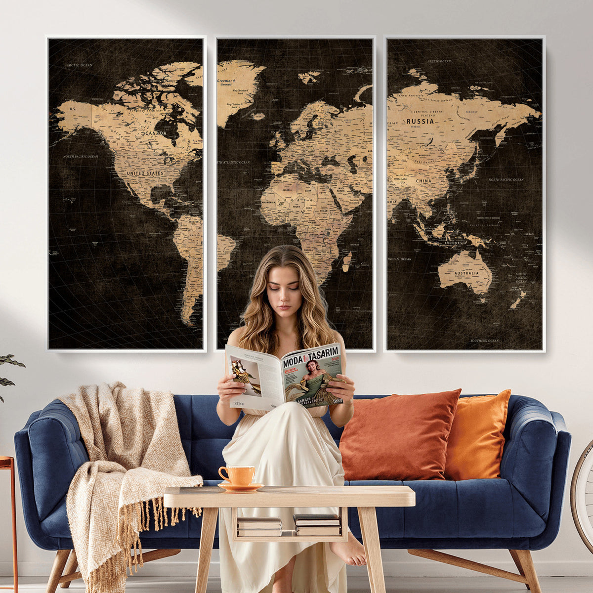15118265-MGV-CV-36X24 - Brown World Map Canvas Print | Modern Travel Map Wall Art