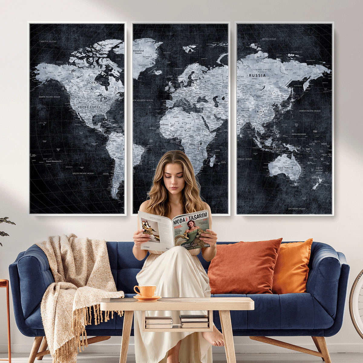 86893704-MGV-CV-36X24 - Black World Map Canvas Print | Detailed Map for Couples and Anniversary Gift