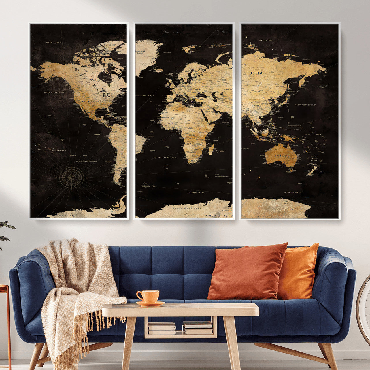 70468159-MGV-CV-36X24 - World Map Wall Art Canvas Print, Modern Decorative Framed Map Artwork Prints for Living Room, Office, Bedroom Wall Decor