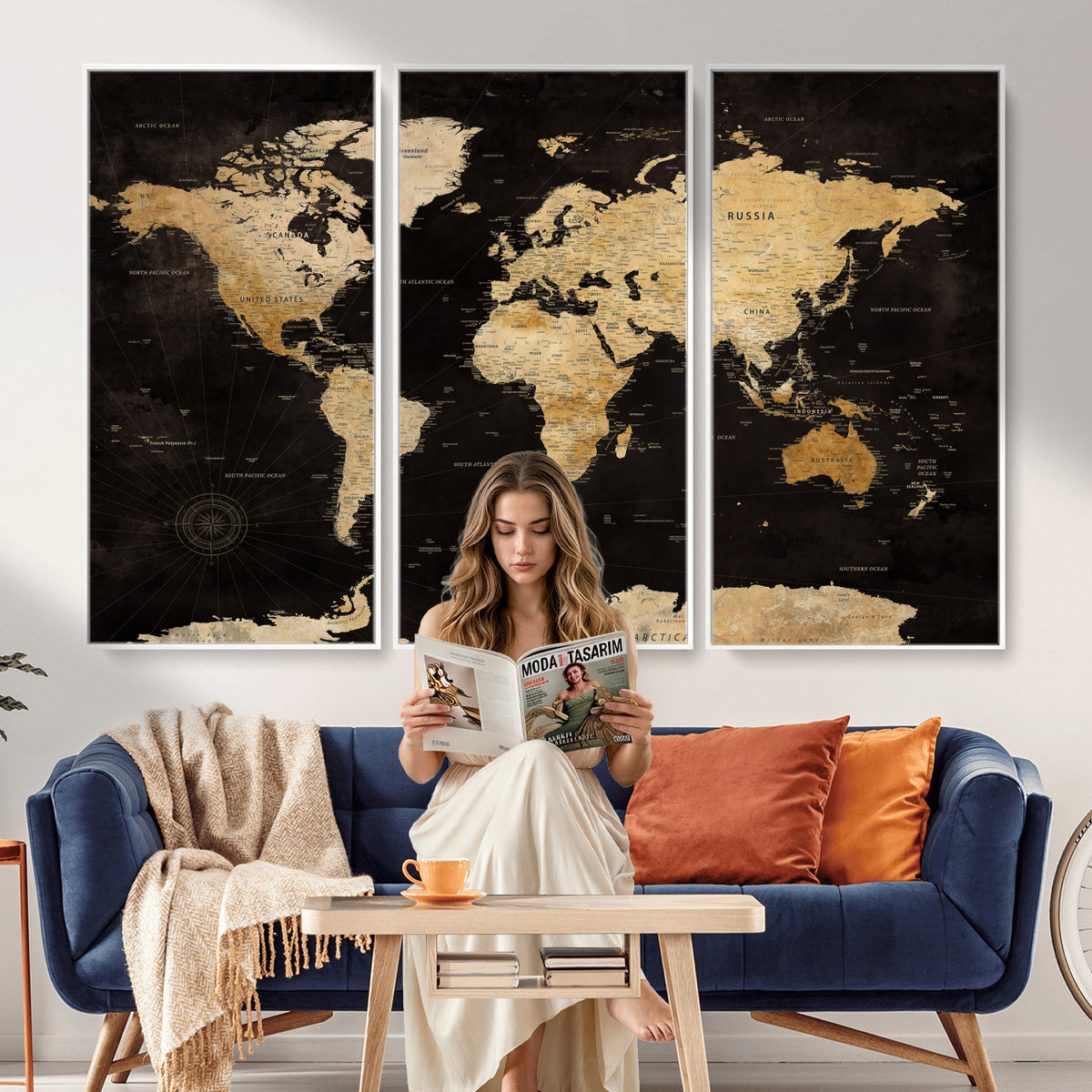 70468159-MGV-CV-36X24 - Extra Large World Map Canvas Print – Detailed Map Classic