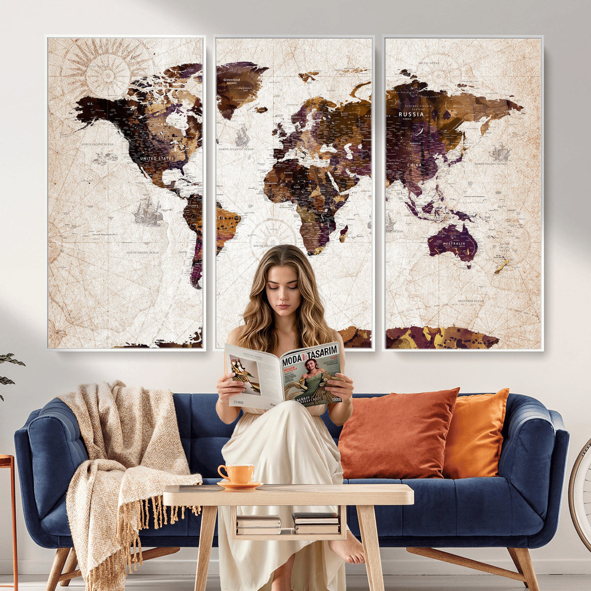 53400857-MGV-CV-36X24 - Blue Watercolor World Map Canvas Print – Framed Modern Wall