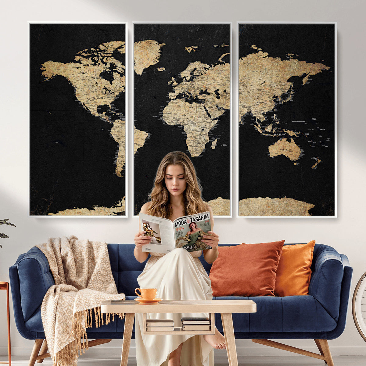71518849-MGV-CV-36X24 - Beige World Map Canvas Wall Art Print, Minimal Black and