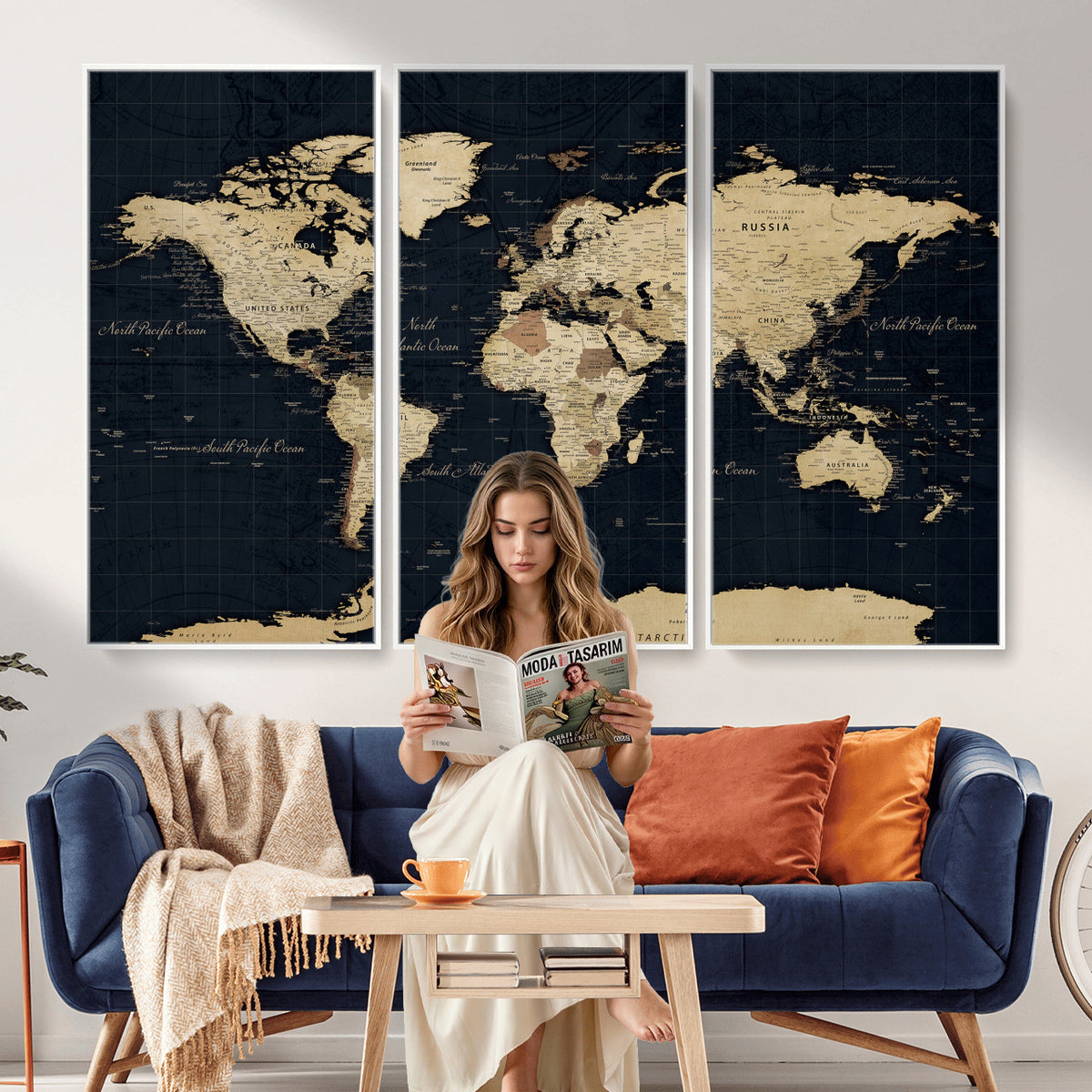 45063434-MGV-CV-36X24 - Dark World Map Canvas Wall Art Print, Minimal Black and Gold Map