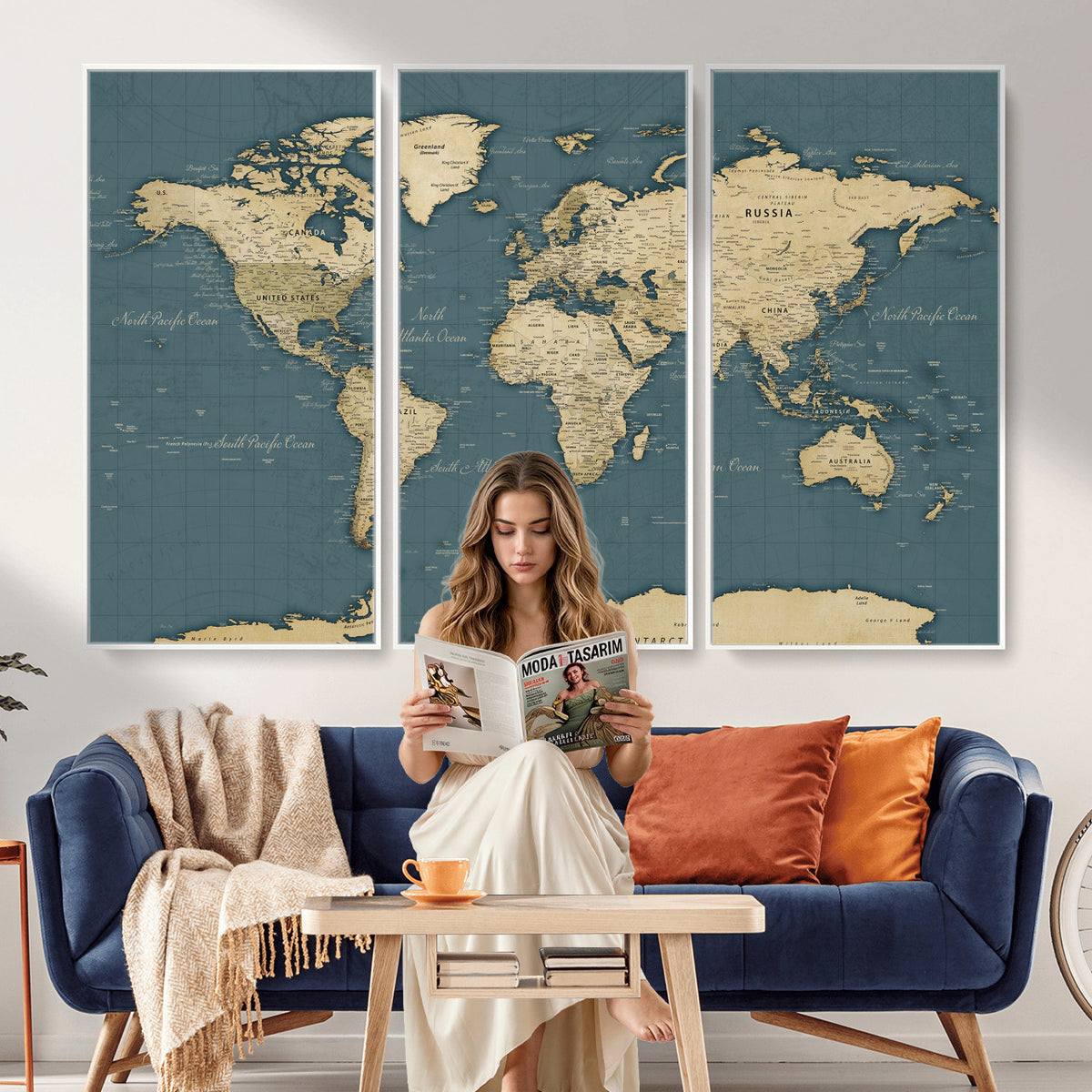 99599383-MGV-CV-36X24 - Minimal Vintage World Map Canvas Wall Art Print, Neutral