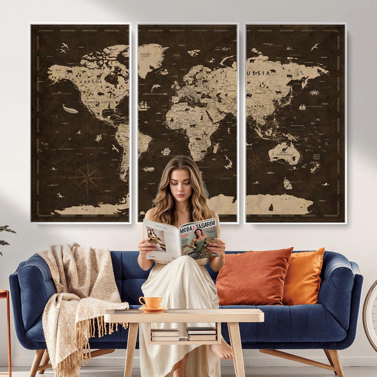 44276398-MGV-CV-36X24 - World Map Wall Art Canvas Print, Modern Decorative Framed Map Artwork Prints for Living Room, Office, Bedroom Wall Decor