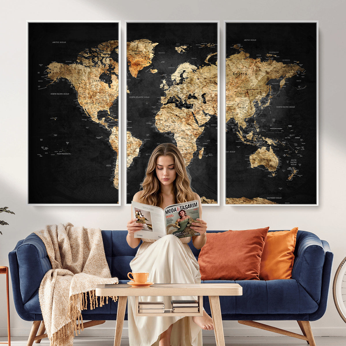 23568589-MGV-CV-36X24 - World Map Wall Art Canvas Print, Modern Decorative Framed Map Artwork Prints for Living Room, Office, Bedroom Wall Decor