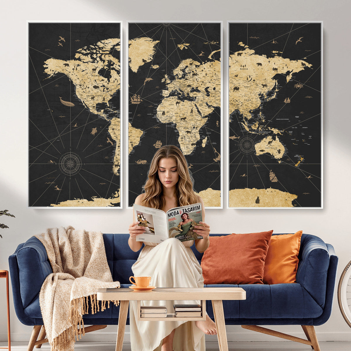 80270976-MGV-CV-36X24 - World Map Wall Art Canvas Print, Modern Decorative Framed Map Artwork Prints for Living Room, Office, Bedroom Wall Decor