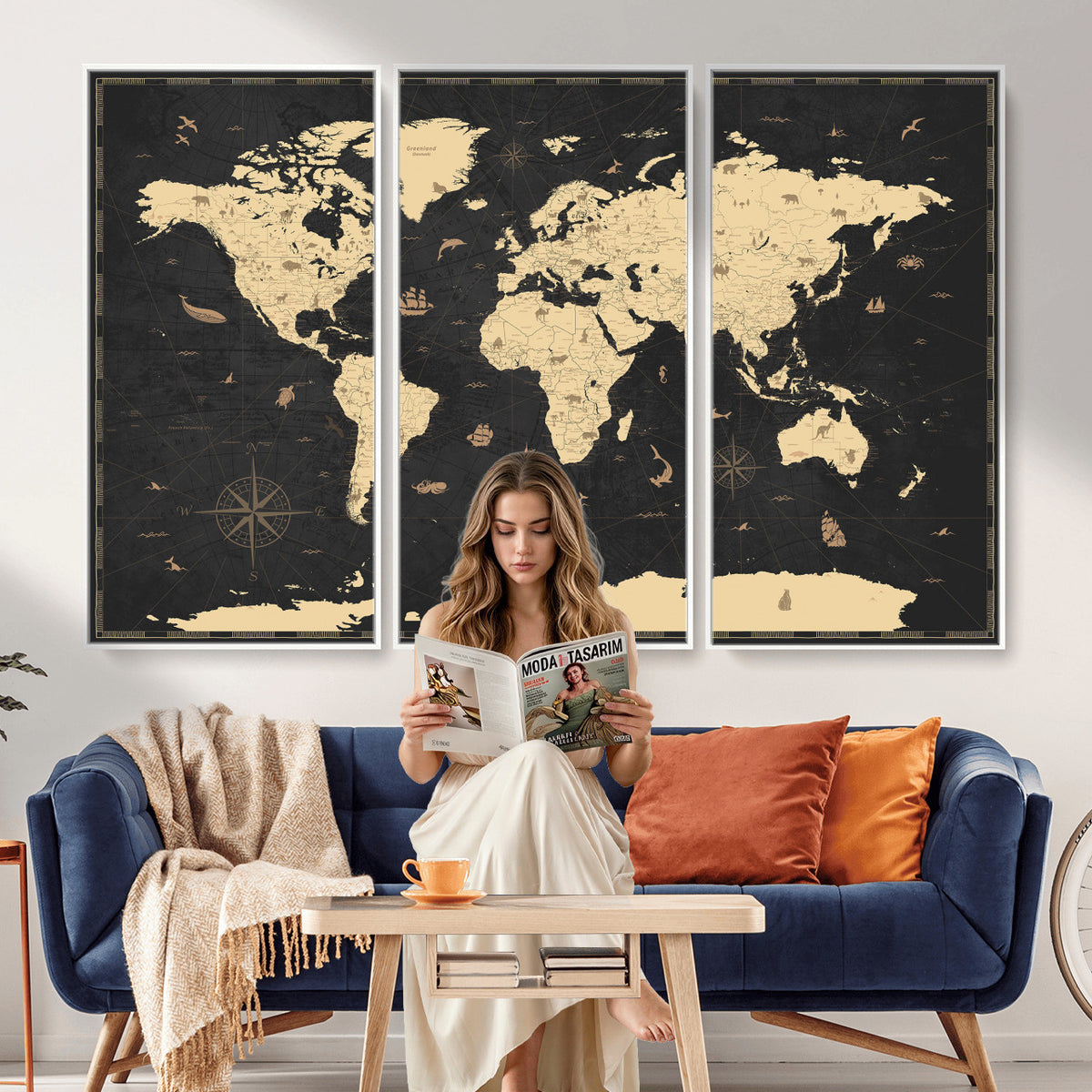 75220264-MGV-CV-36X24 - World Map Wall Art Canvas Print, Modern Decorative Framed Map Artwork Prints for Living Room, Office, Bedroom Wall Decor