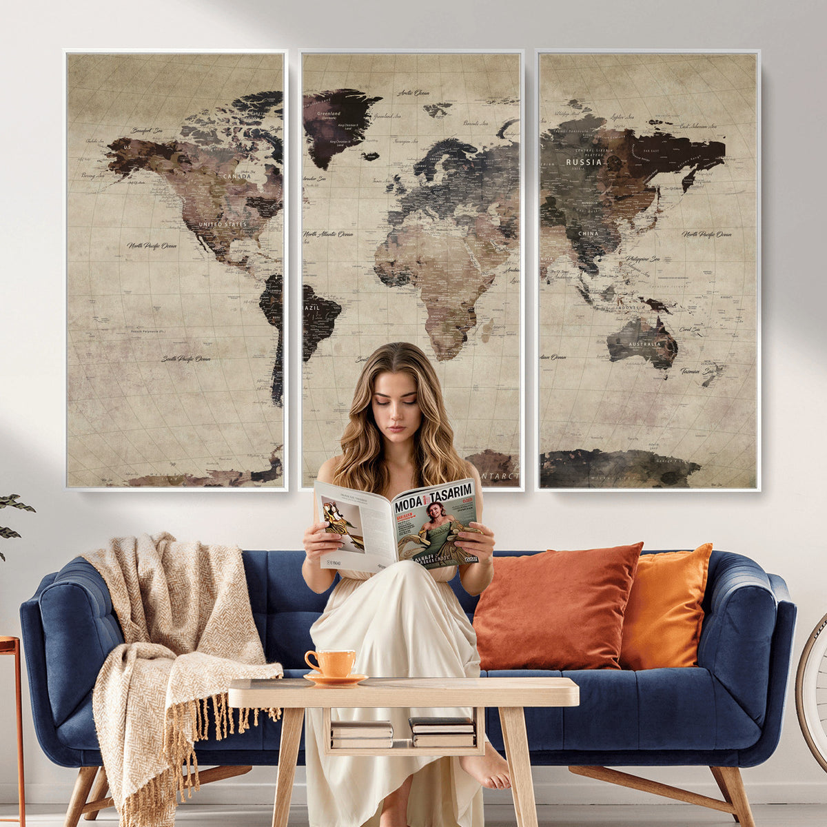 60560672-MGV-CV-36X24 - World Map Wall Art Canvas Print, Modern Decorative Framed Map Artwork Prints for Living Room, Office, Bedroom Wall Decor