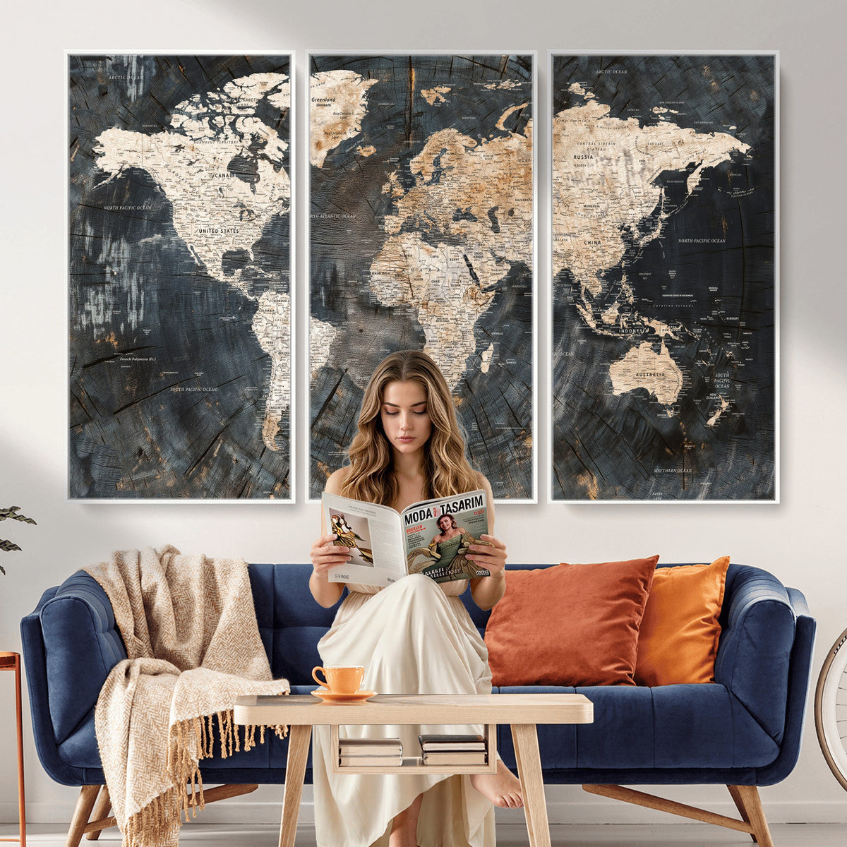 89162112-MGV-CV-36X24 - World Map Wall Art Canvas Print, Modern Decorative Framed Map Artwork Prints for Living Room, Office, Bedroom Wall Decor