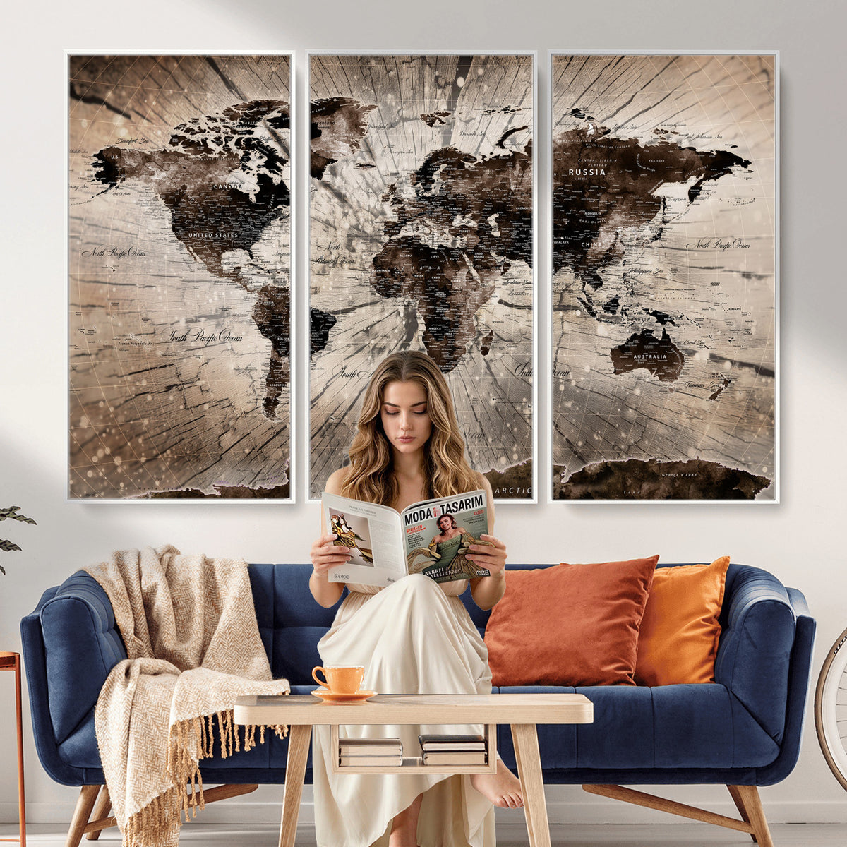 94623295-MGV-CV-36X24 - World Map Wall Art Canvas Print, Modern Decorative Framed Map Artwork Prints for Living Room, Office, Bedroom Wall Decor