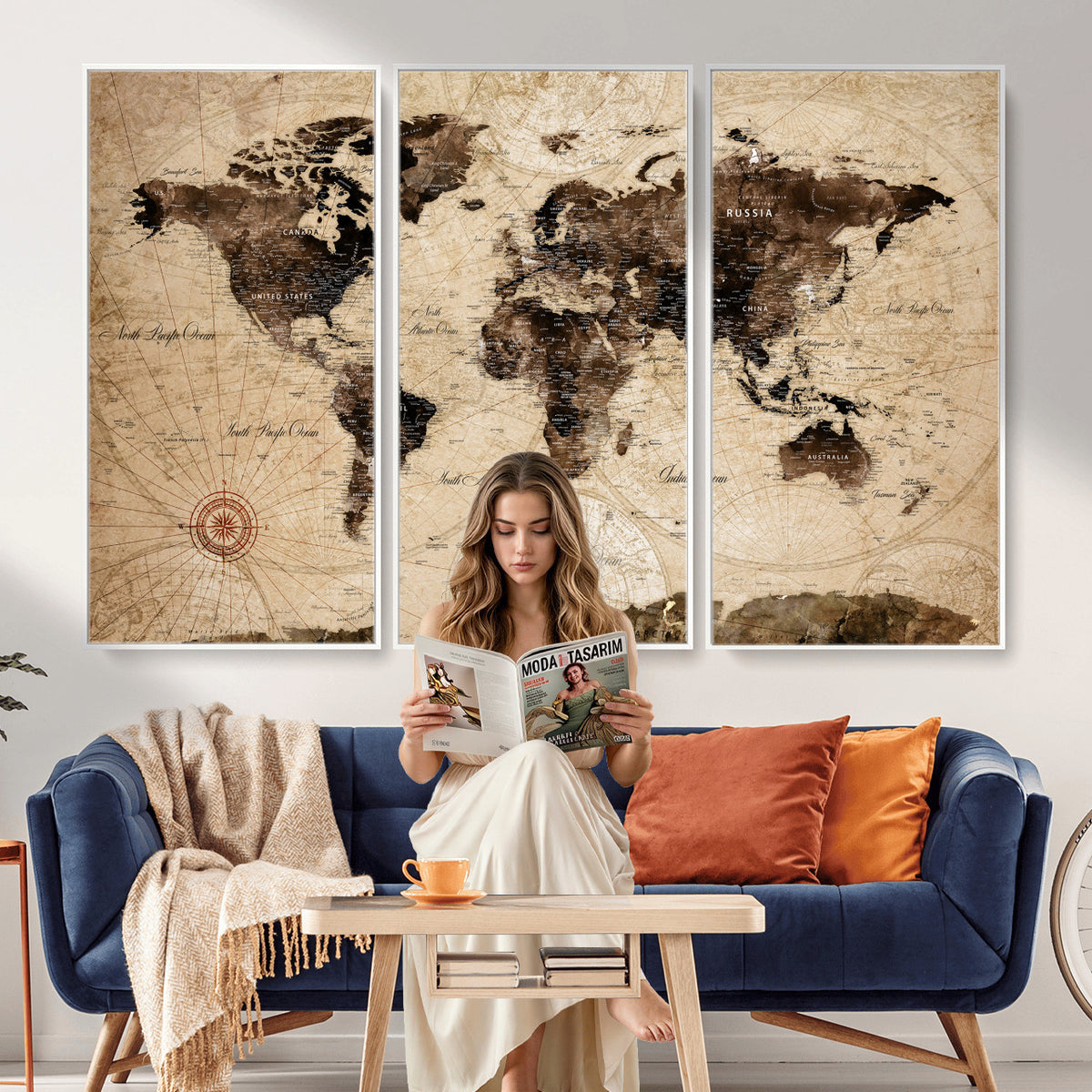 47657418-MGV-CV-36X24 - World Map Wall Art Canvas Print, Modern Decorative Framed Map Artwork Prints for Living Room, Office, Bedroom Wall Decor