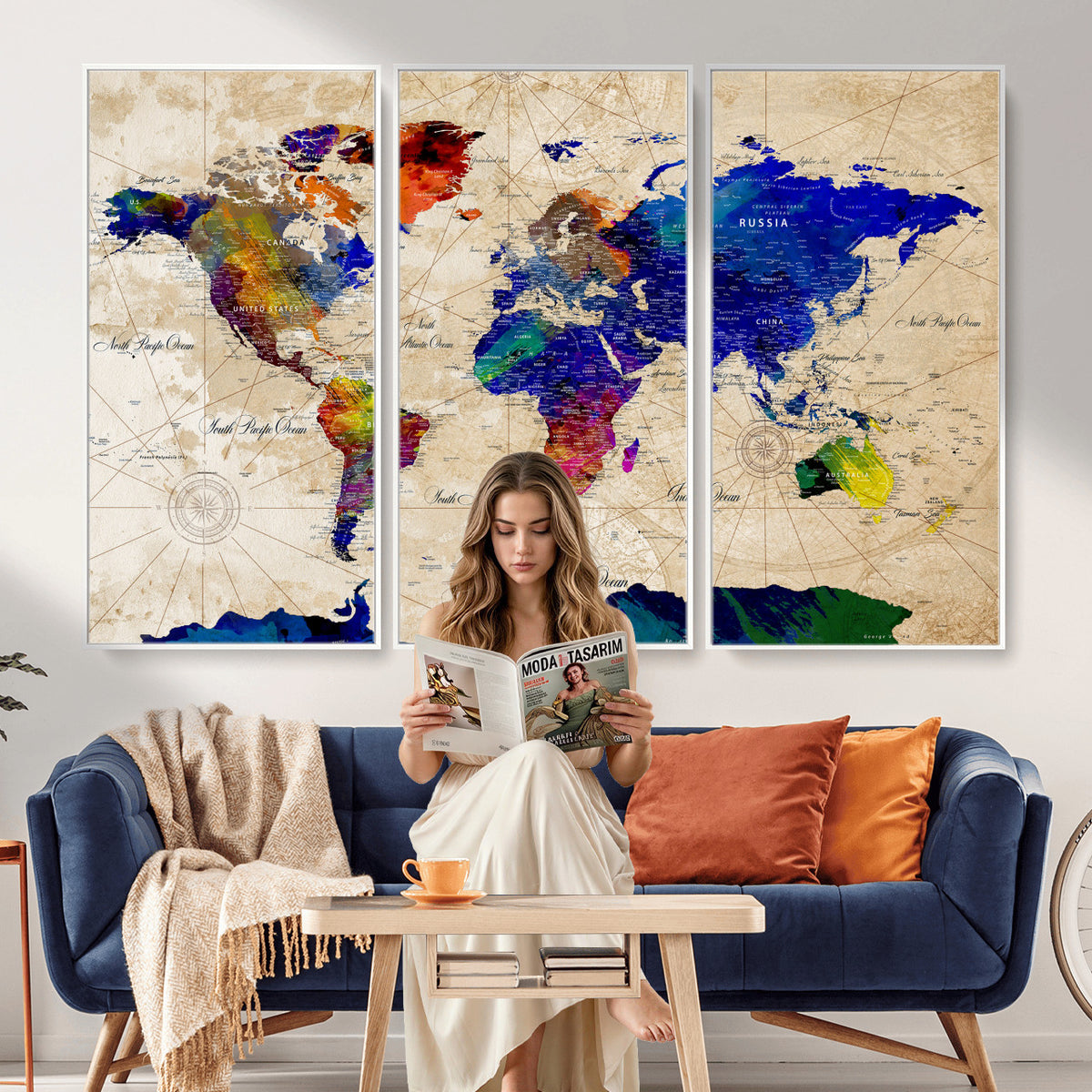 26284075-MGV-CV-36X24 - World Map Wall Art Canvas Print, Modern Decorative Framed Map Artwork Prints for Living Room, Office, Bedroom Wall Decor